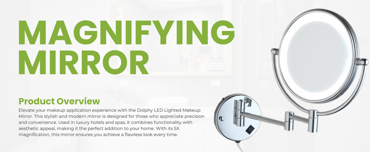 Dolphy Dual Sided LED Lighted Wall Mounted Makeup Mirror 8-Inch – 1X & 5X Magnification, Extendable Arm, 360 Swivel, Energy-Efficient Halo Lighting, Chrome Finish – Ideal for Bathrooms, Hotels & Salons