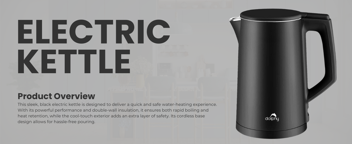 Dolphy 1L Electric Kettle – Black Stainless Steel, 360 Swivel Base, Auto Shut-Off, Cool-Touch Exterior, Fast Boil Cordless Kettle for Home, Hotel & Office