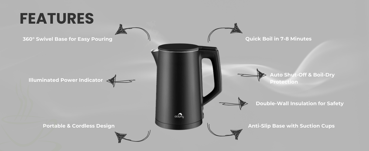 Dolphy 1L Electric Kettle – Black Stainless Steel, 360 Swivel Base, Auto Shut-Off, Cool-Touch Exterior, Fast Boil Cordless Kettle for Home, Hotel & Office