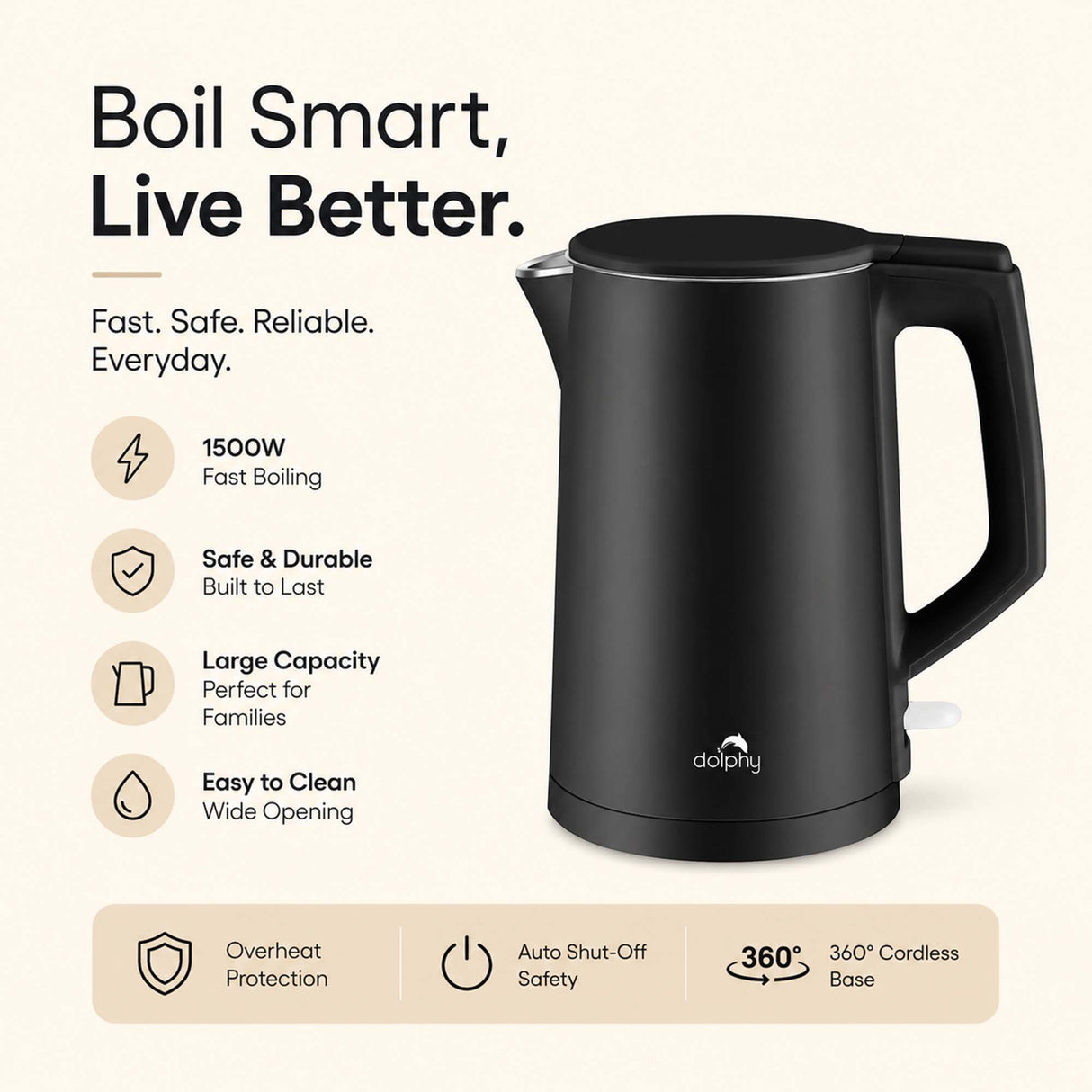 Dolphy 1L Electric Kettle – Black Stainless Steel, 360 Swivel Base, Auto Shut-Off, Cool-Touch Exterior, Fast Boil Cordless Kettle for Home, Hotel & Office