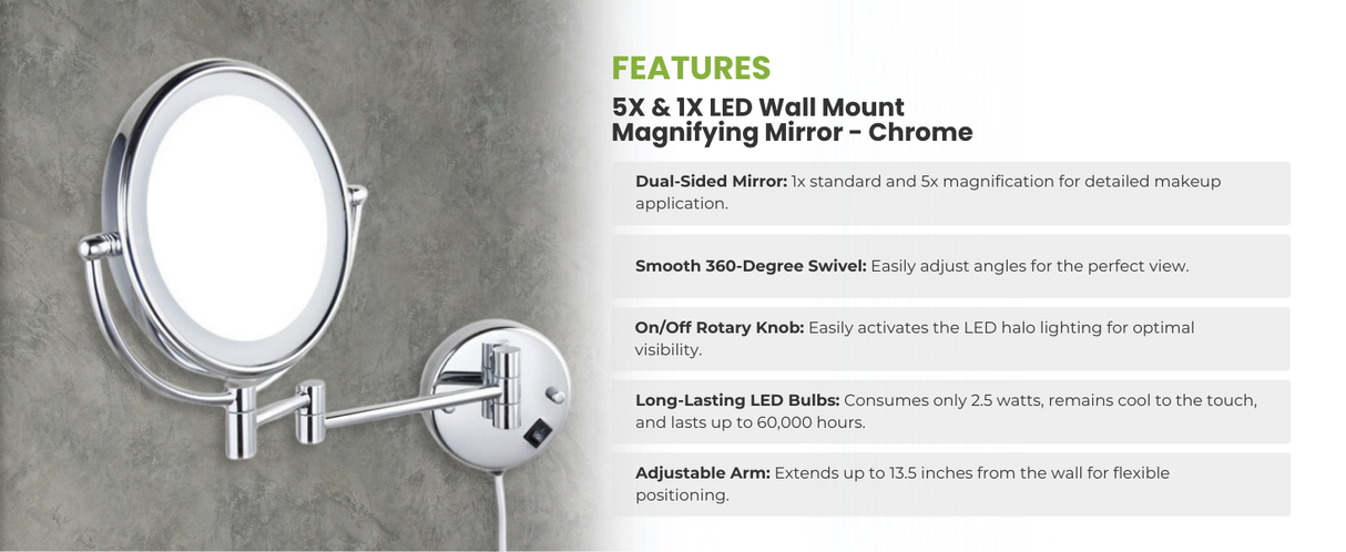 Dolphy Dual Sided LED Lighted Wall Mounted Makeup Mirror 8-Inch – 1X & 5X Magnification, Extendable Arm, 360 Swivel, Energy-Efficient Halo Lighting, Chrome Finish – Ideal for Bathrooms, Hotels & Salons