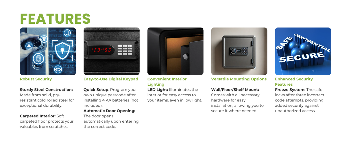 Dolphy Freeze System Digital Safe with LED Display – Black Steel Security Box, 42x37x20 cm, Electronic Lock, Interior Light, Wall/Floor Mount