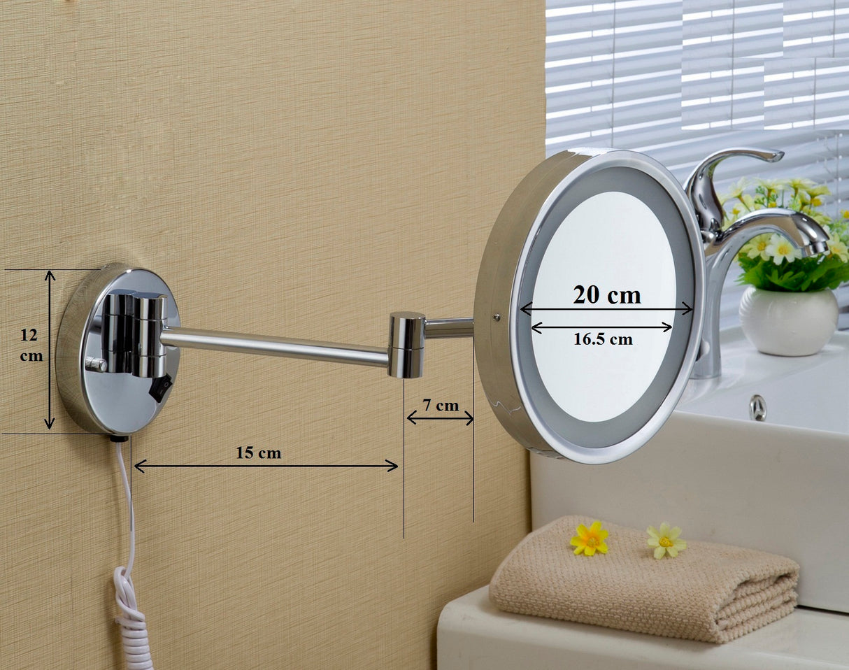 Dolphy 8-Inch 5X LED Wall Mount Magnifying Mirror – 180 Swivel, Adjustable Extension, Silver Finish