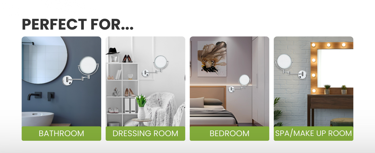 Dolphy Dual Sided LED Lighted Wall Mounted Makeup Mirror 8-Inch – 1X & 5X Magnification, Extendable Arm, 360 Swivel, Energy-Efficient Halo Lighting, Chrome Finish – Ideal for Bathrooms, Hotels & Salons