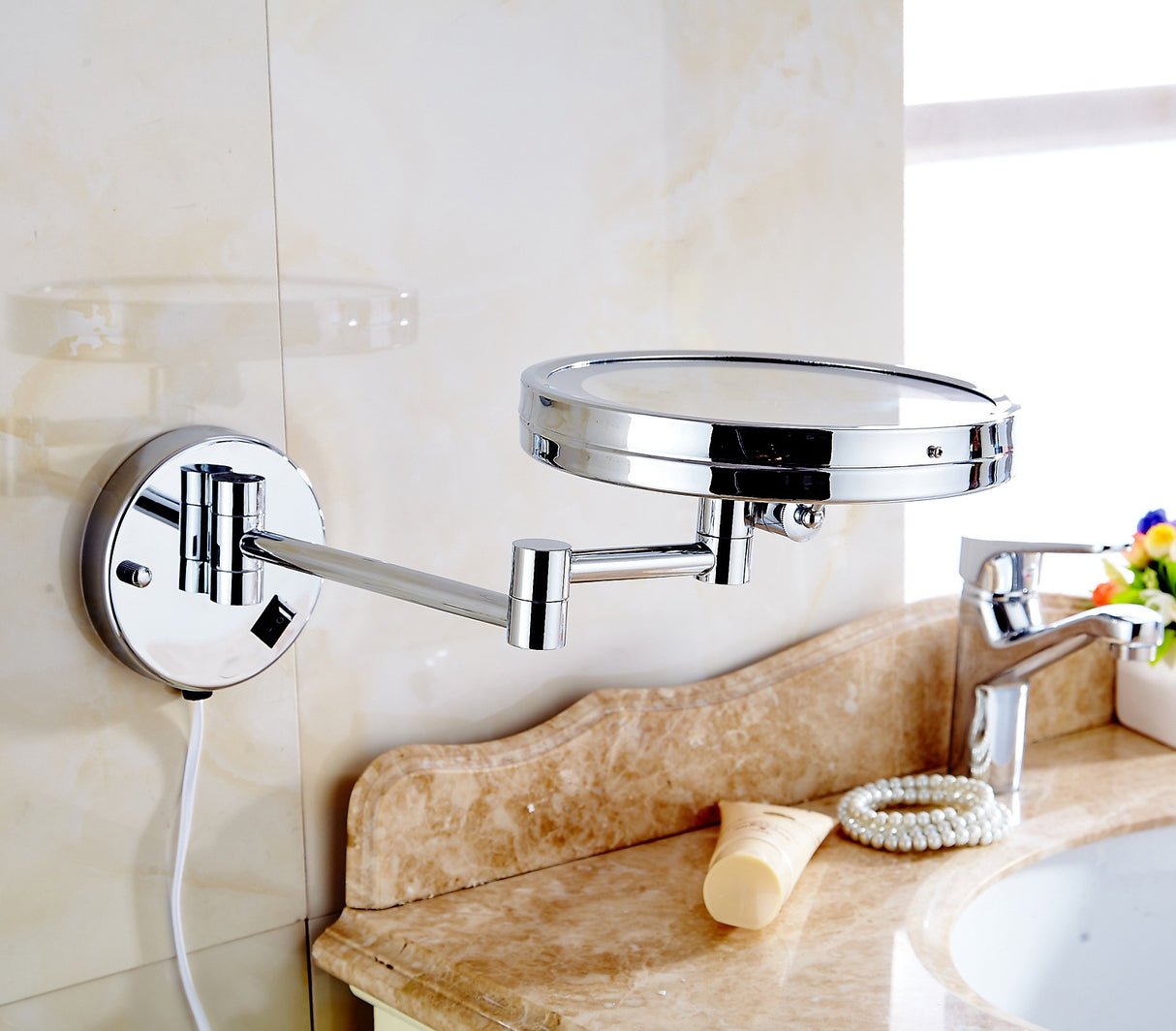 Dolphy 8-Inch 5X LED Wall Mount Magnifying Mirror – 180 Swivel, Adjustable Extension, Silver Finish