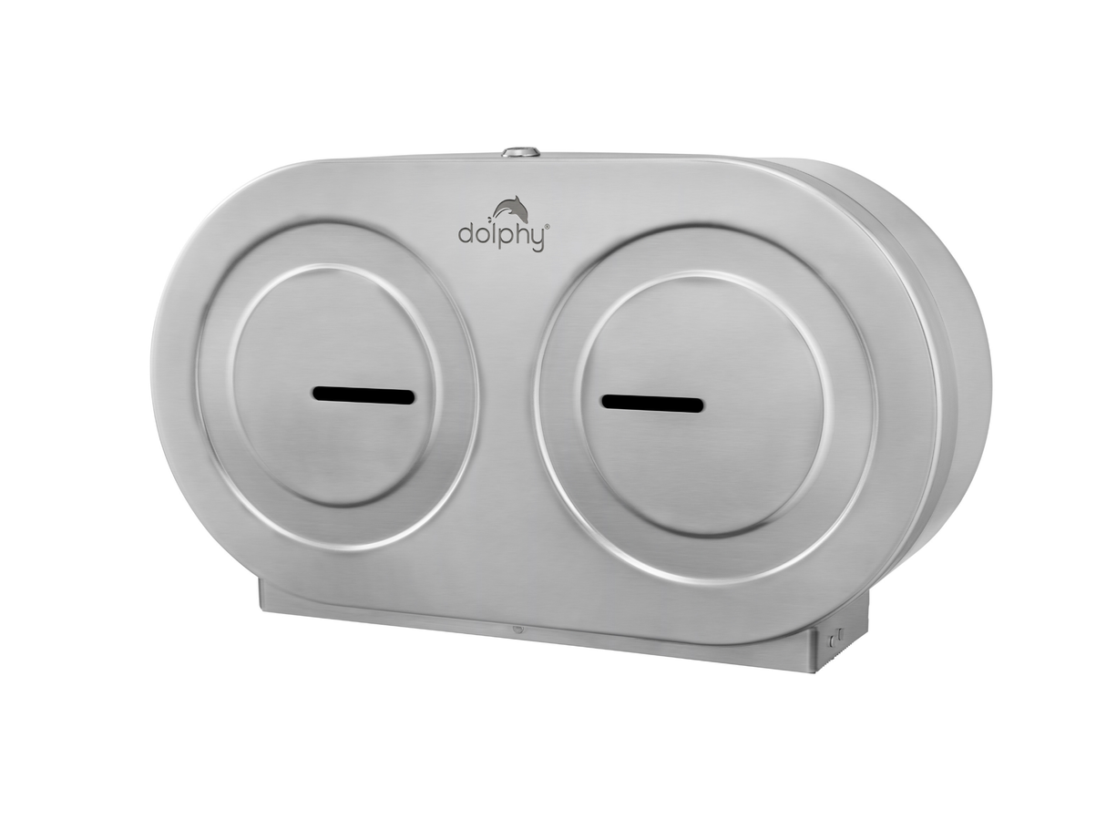 Dolphy Twin Jumbo Toilet Roll Dispenser Stainless Steel 304 Dual Roll Lockable Commercial Toilet Paper Holder for Washrooms, Hotels & Public Amenities