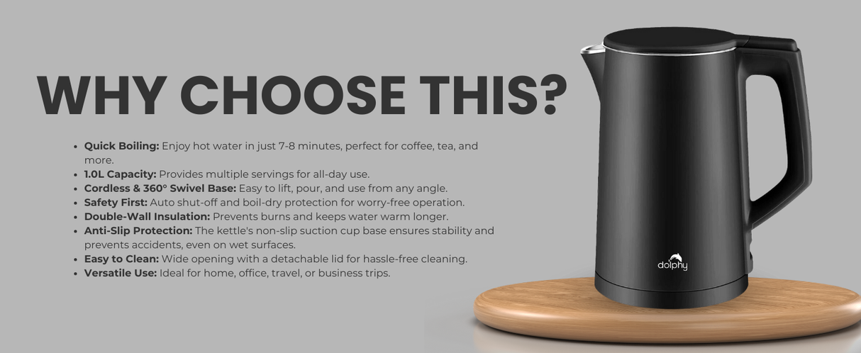 Dolphy 1L Electric Kettle – Black Stainless Steel, 360 Swivel Base, Auto Shut-Off, Cool-Touch Exterior, Fast Boil Cordless Kettle for Home, Hotel & Office