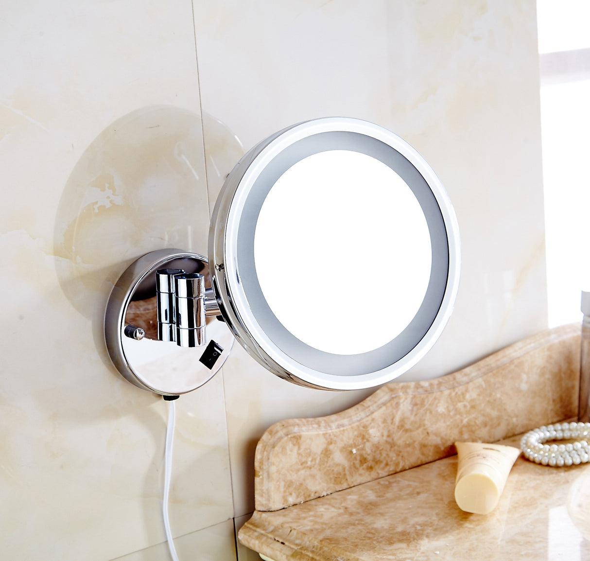 Dolphy 8-Inch 5X LED Wall Mount Magnifying Mirror – 180 Swivel, Adjustable Extension, Silver Finish