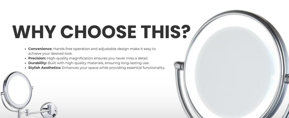 Dolphy Dual Sided LED Lighted Wall Mounted Makeup Mirror 8-Inch – 1X & 5X Magnification, Extendable Arm, 360 Swivel, Energy-Efficient Halo Lighting, Chrome Finish – Ideal for Bathrooms, Hotels & Salons