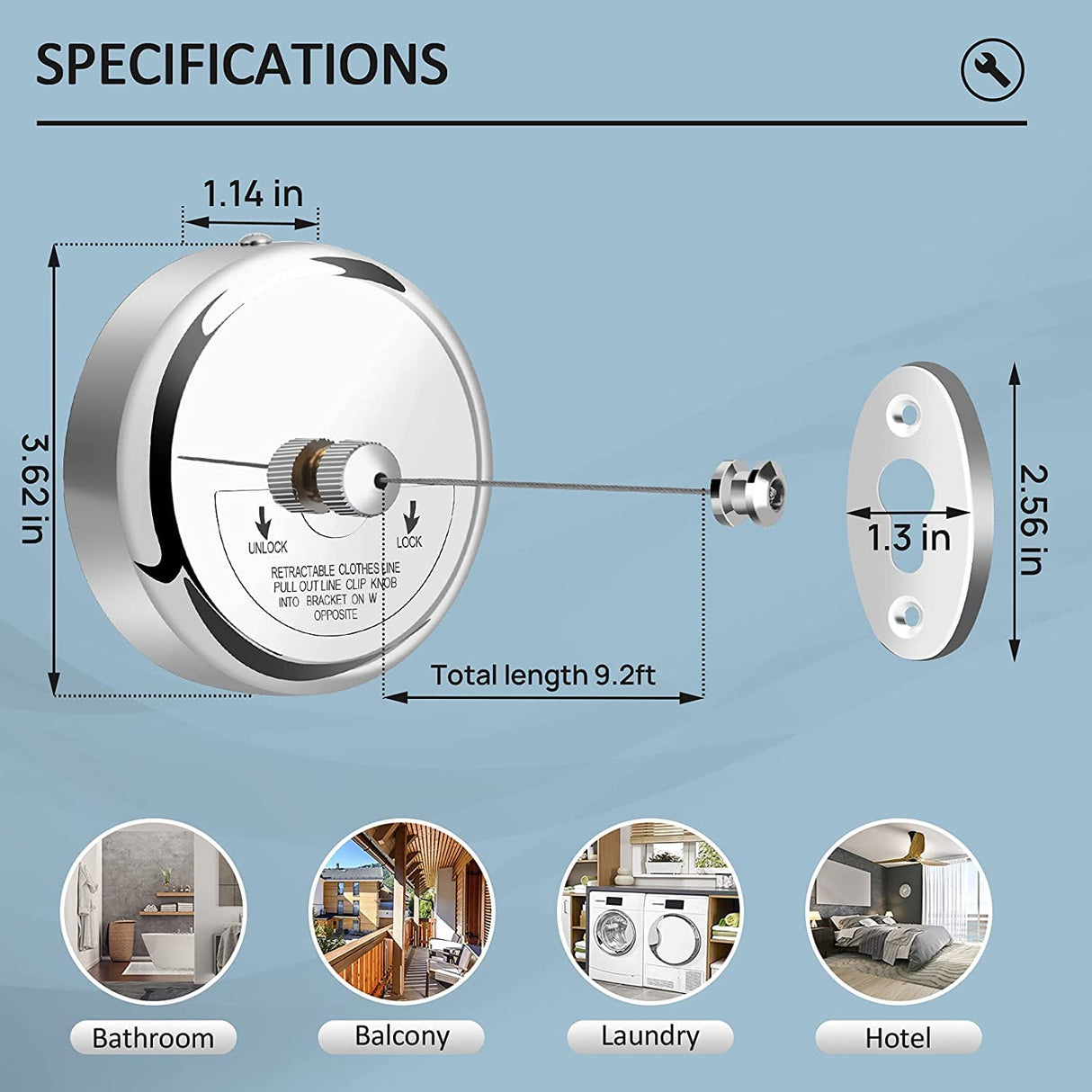 Dolphy Retractable Stainless Steel Round Clothesline – Wall Mounted 304 Mirror Finish Drying Line for Bathroom, Balcony, and Laundry Areas