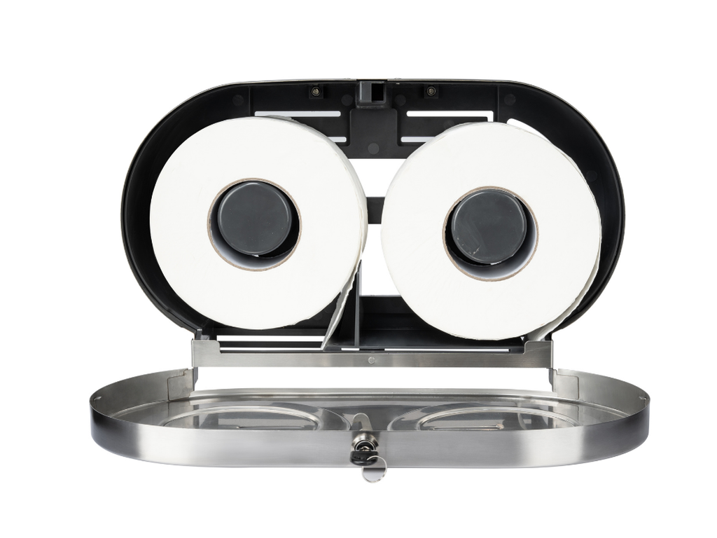 Dolphy Twin Jumbo Toilet Roll Dispenser Stainless Steel 304 Dual Roll Lockable Commercial Toilet Paper Holder for Washrooms, Hotels & Public Amenities