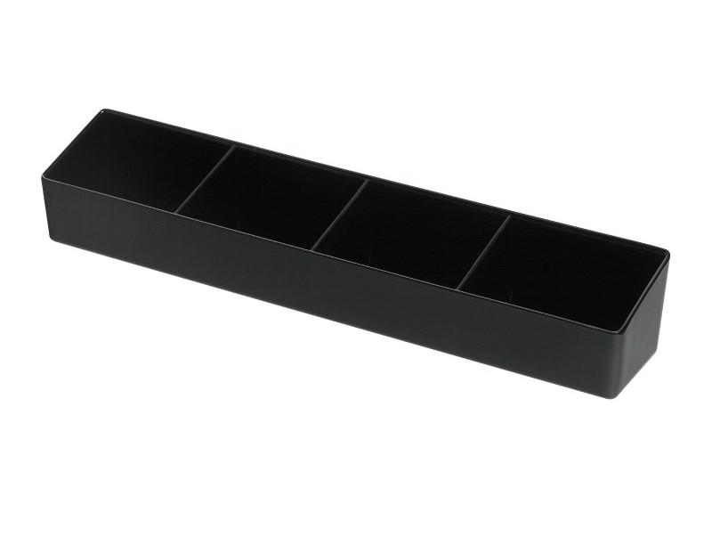 Black 4 compartment sachet holder in a single row