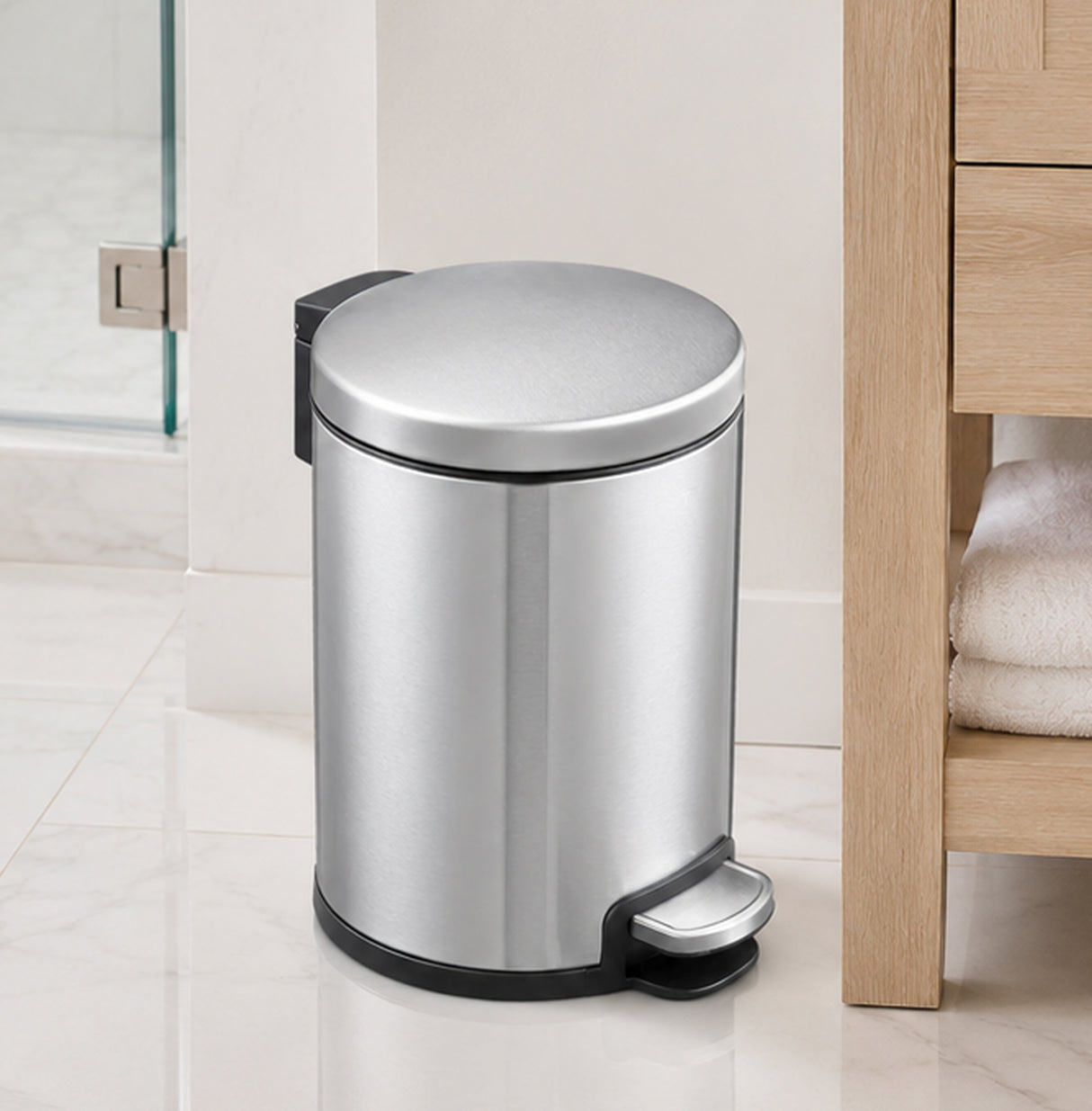 Dolphy 3L Round Stainless Steel Pedal Bin – Compact Foot Pedal Trash Can with Soft-Close Lid for Bathroom, Office & Bedroom – Matte Silver