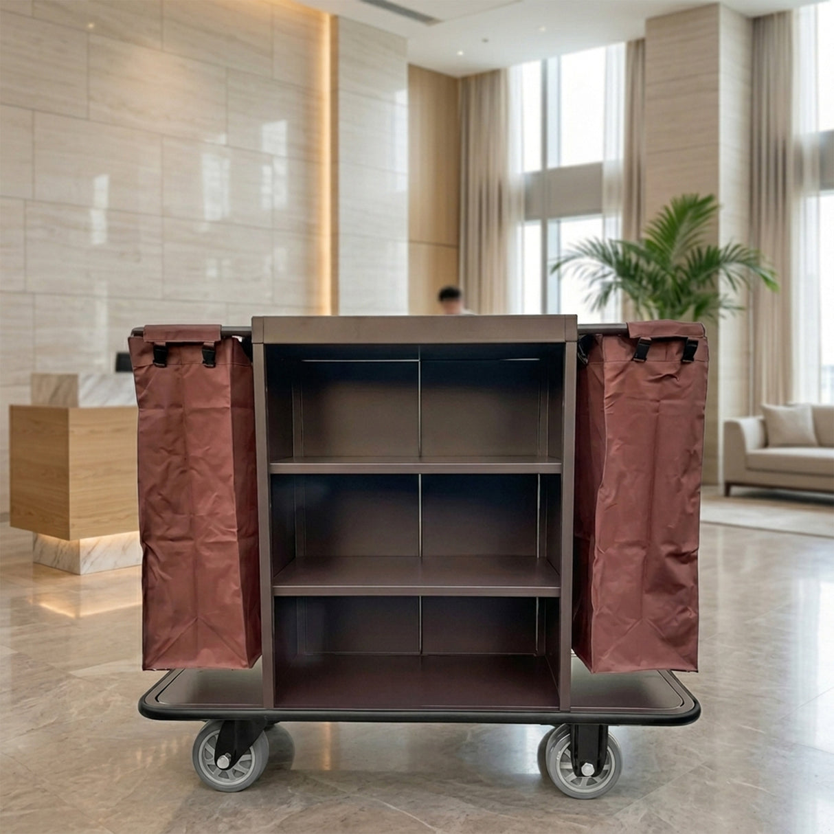 Dolphy Housekeeping Trolley Cart with Integrated Waste Bin β Brown Metal | 140x50x121cm