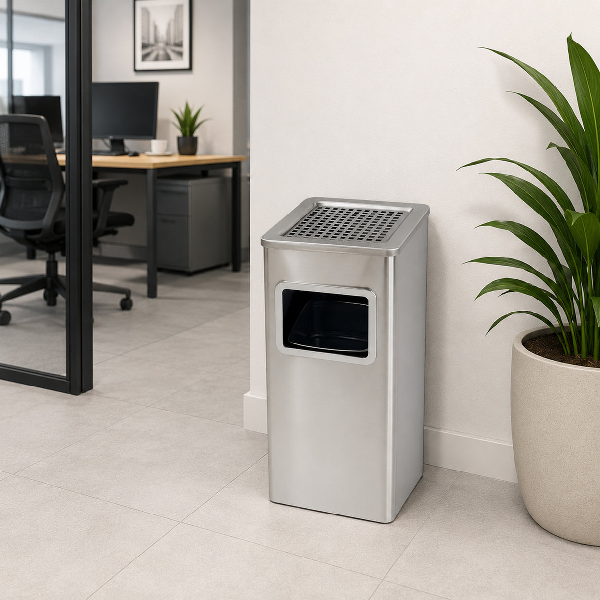 Dolphy Stainless Steel Ashtray Bin 24L – Smoke Extinguishing Trash Can with Removable Galvanized Inner Bucket, Anti-Fingerprint SUS201, Square Design, Silver (DWBN0106)