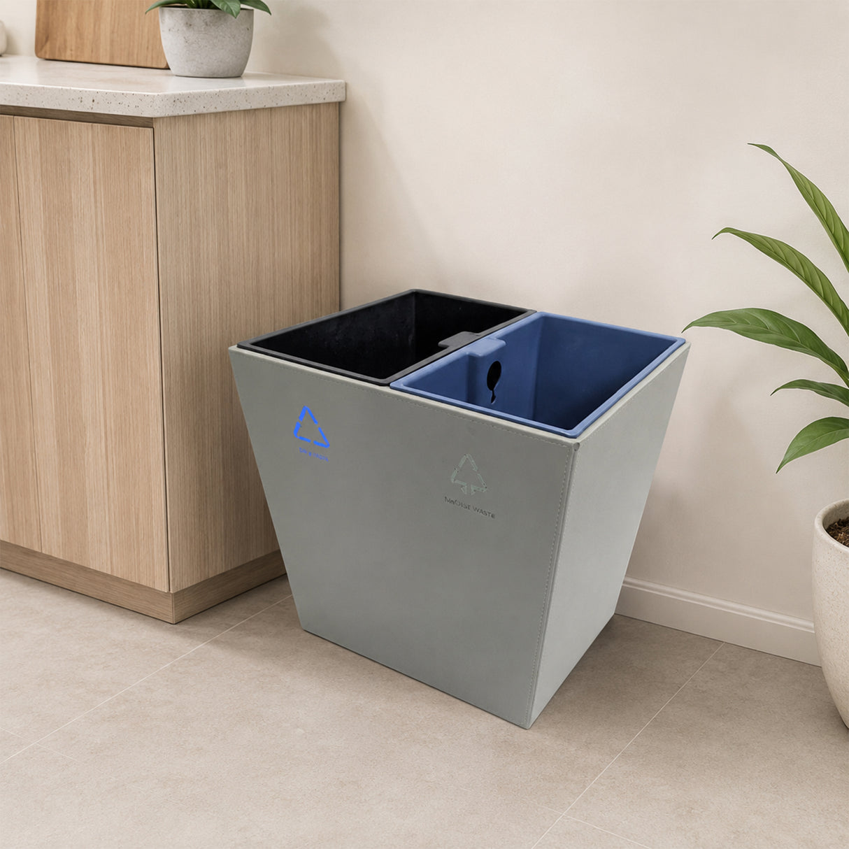 Dolphy 14L Premium Grey Leather & Wood Dual Compartment Recycle Bin – Stylish Waste Separation for Home, Office & Hotels