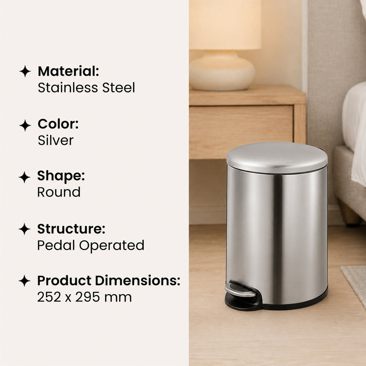 Dolphy 5L Stainless Steel Round Pedal Bin – Compact Foot Pedal Trash Can for Bathroom, Office, Hotel & Washroom Use – Silver Finish