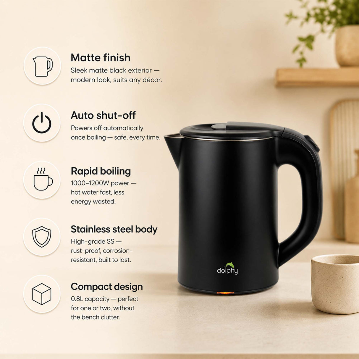 Dolphy 800ml Electric Kettle – Matte Black, Quick Boil, Auto Shut-Off, Stainless Steel, Compact Hot Water Boiler for Tea & Coffee