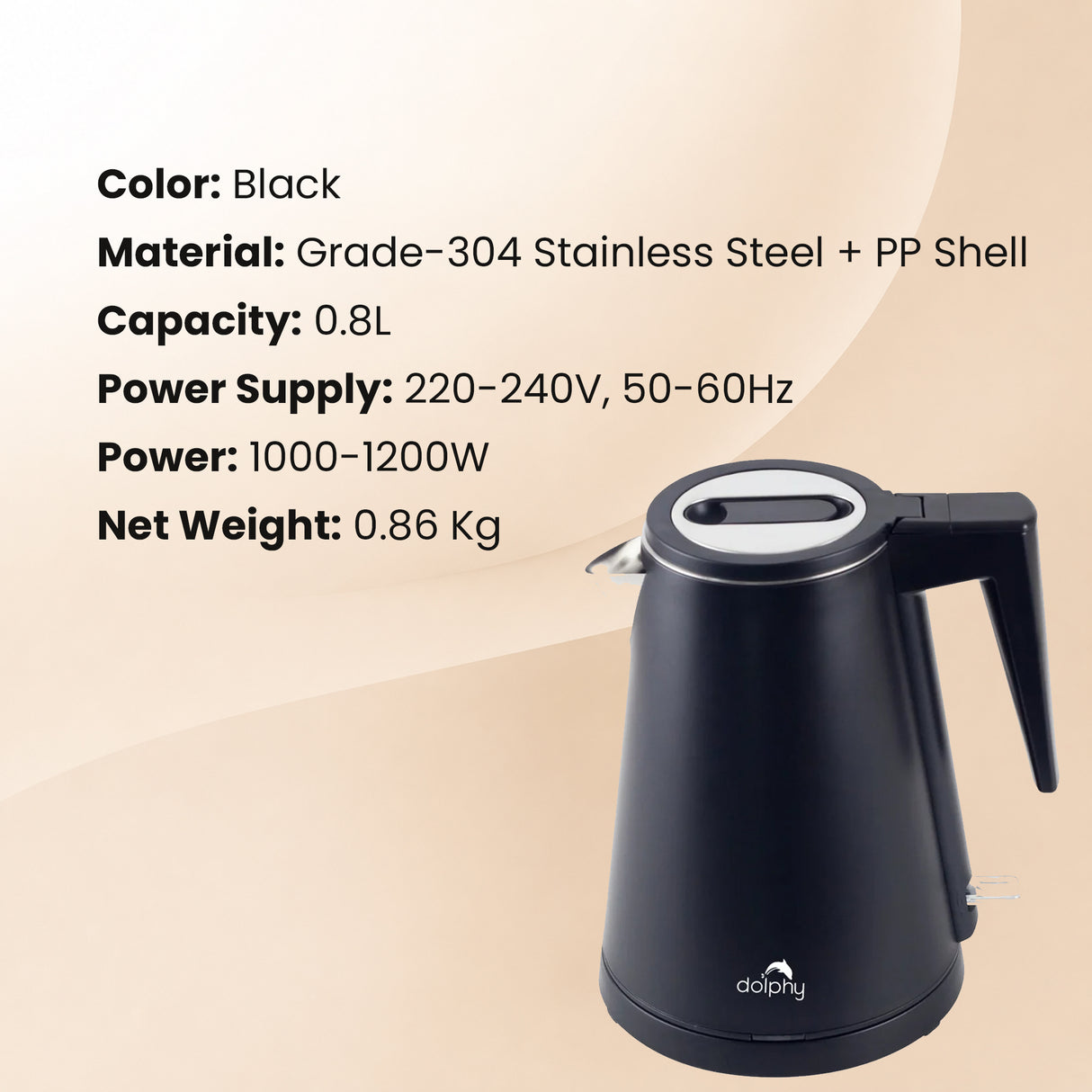 Dolphy 800ml Electric Kettle – Black Stainless Steel, Fast Boil with 360 Swivel Base, Auto Shut-Off & One-Touch Lid for Home, Hotel & Office Use
