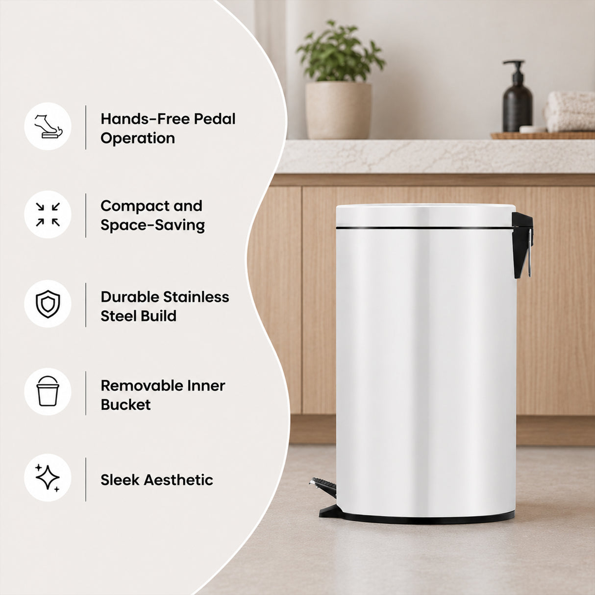 Dolphy 5L Round Pedal Bin – White Stainless Steel Waste Bin with Foot Pedal, Removable Inner Bucket, Compact Design for Bathroom, Kitchen & Office