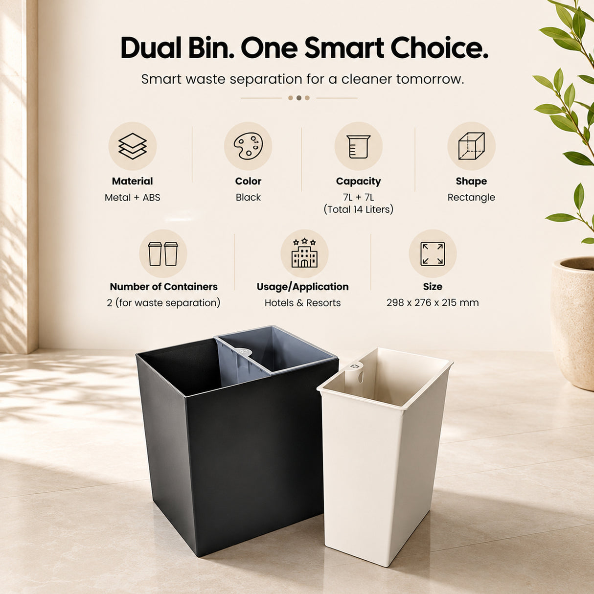 Dolphy 14L Dual Compartment (7L + 7L) Rectangle Room Dustbin – Metal & ABS Waste Bin with Two Containers – Black