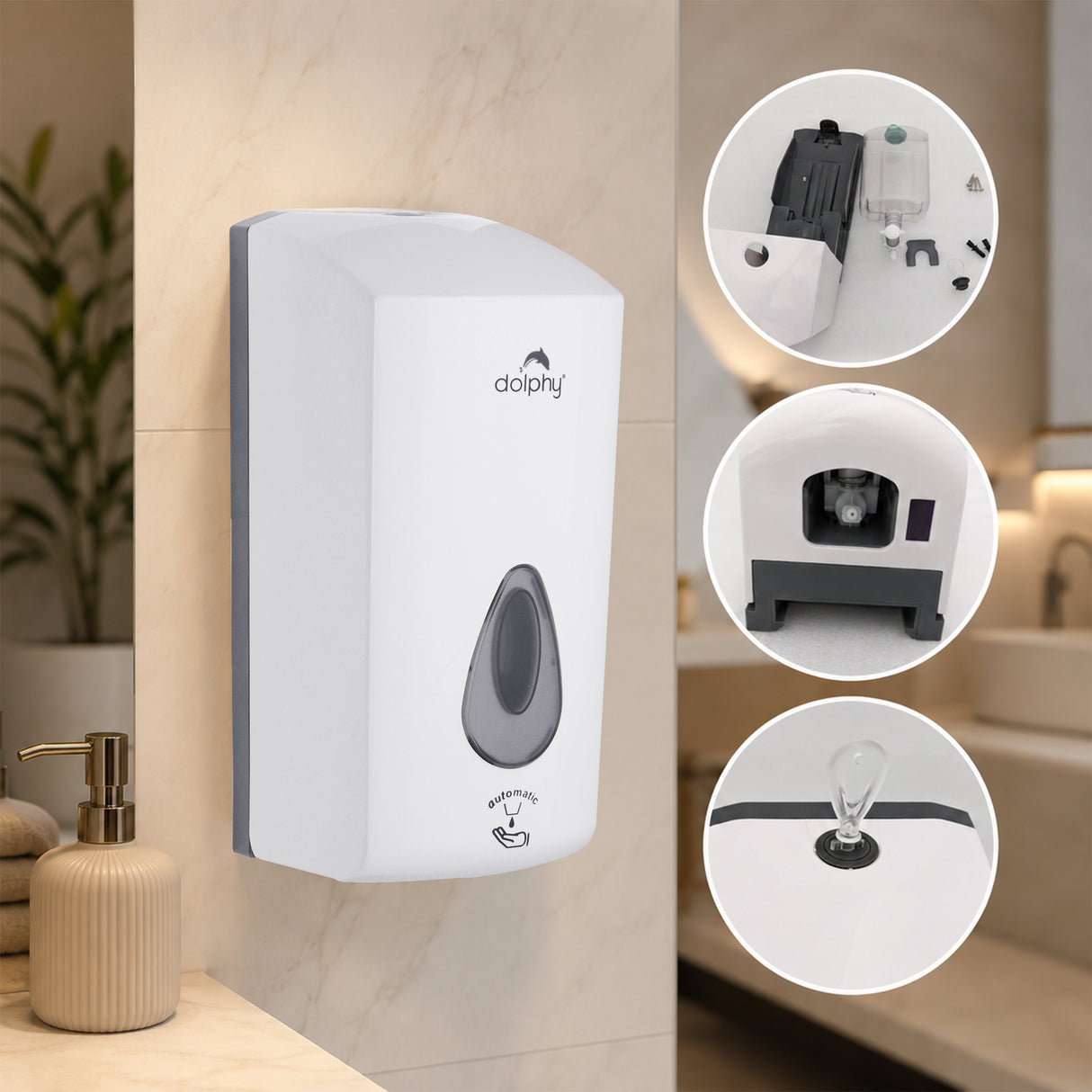 Dolphy Automatic Touch-Free Soap & Sanitiser Dispenser 1000ml – White ABS, Infrared Sensor, Refillable Design for Hygienic Liquid Dispensing in Commercial & Home Use