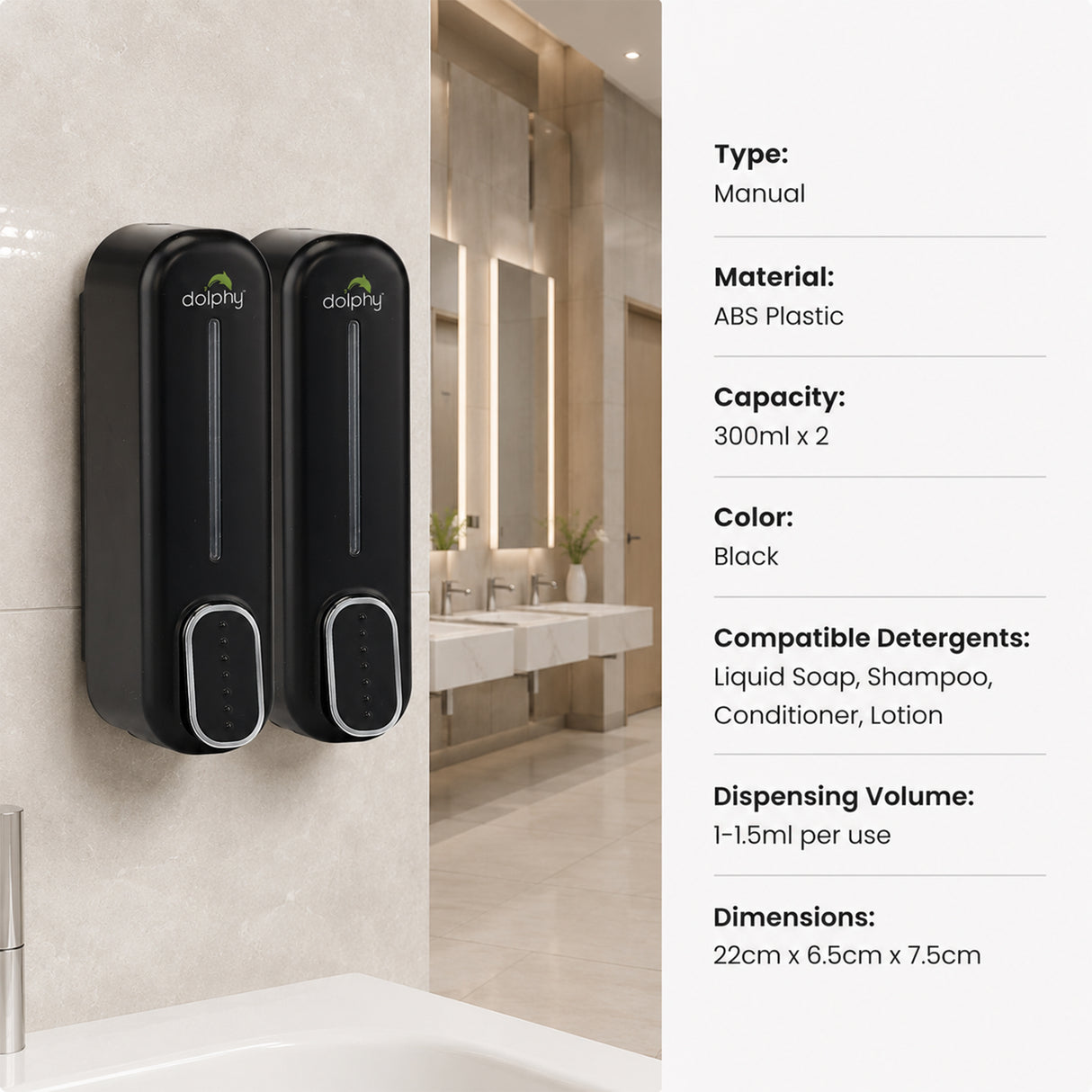 Dolphy Wall Mounted Soap Dispenser 300ml – Pack of 2, Durable ABS, Multi-Compatible Manual Dispenser – Black for Liquid Soap, Lotion & Shampoo