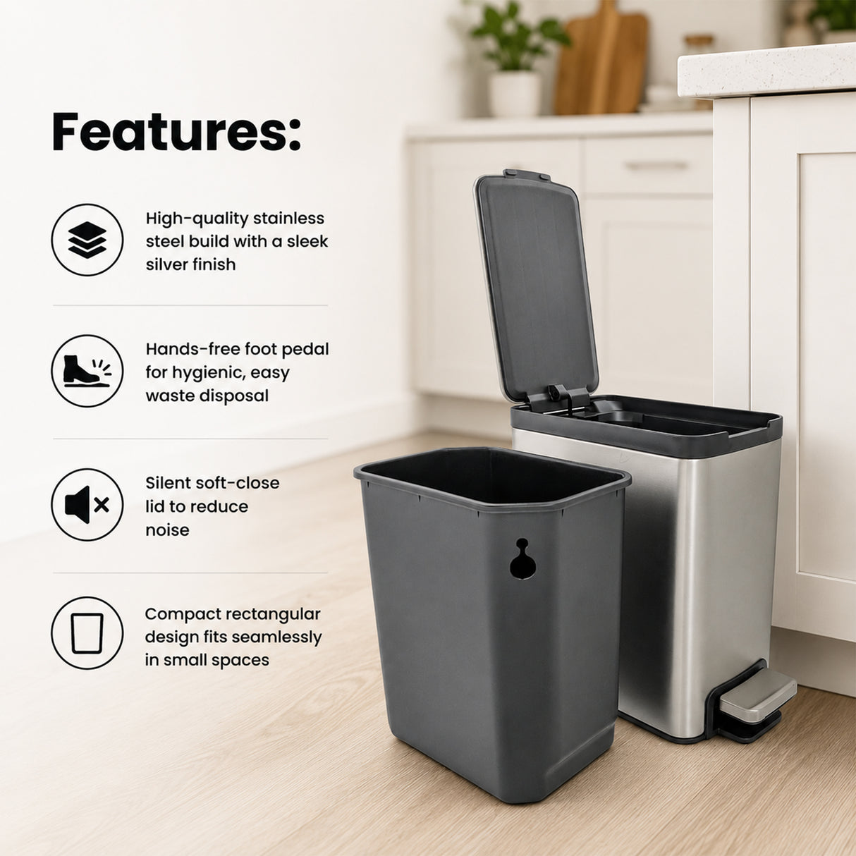 Dolphy 5L Stainless Steel Indoor Bin with Foot Pedal – Compact Soft-Close Waste Bin for Bathroom, Kitchen, Office & Hotel – Silver