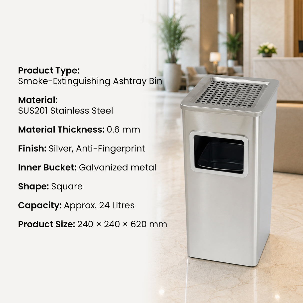 Dolphy Stainless Steel Ashtray Bin 24L – Smoke Extinguishing Trash Can with Removable Galvanized Inner Bucket, Anti-Fingerprint SUS201, Square Design, Silver (DWBN0106)