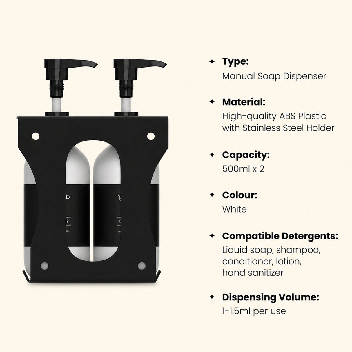 Dolphy 500ml Manual Soap Dispenser (Pack of 2) – White ABS & Steel Wall Mount, Refillable Liquid Dispensers for Bathroom, Kitchen & Commercial Use