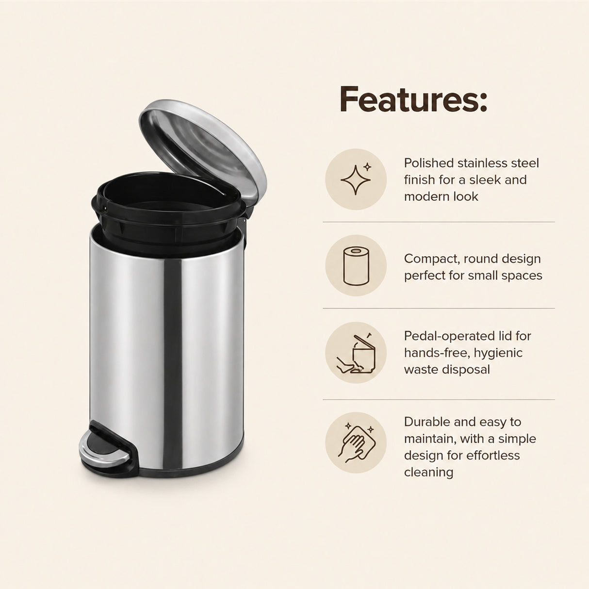 Dolphy 5L Stainless Steel Round Pedal Bin – Compact Foot Pedal Trash Can for Bathroom, Office, Hotel & Washroom Use – Silver Finish