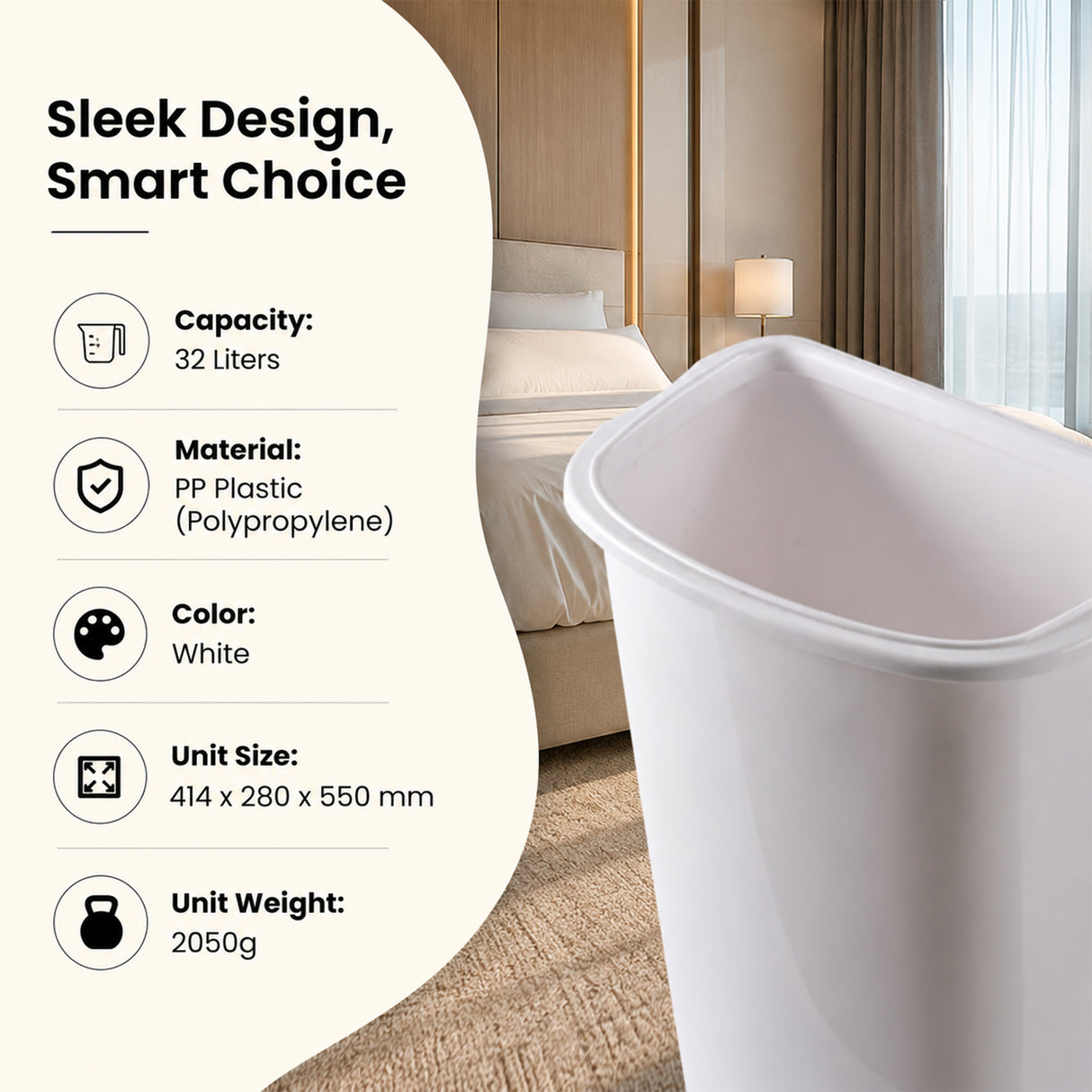 Dolphy Plaza Waste Bin 32L – Durable Polypropylene Rubbish Bin with Leak-Proof Design – White