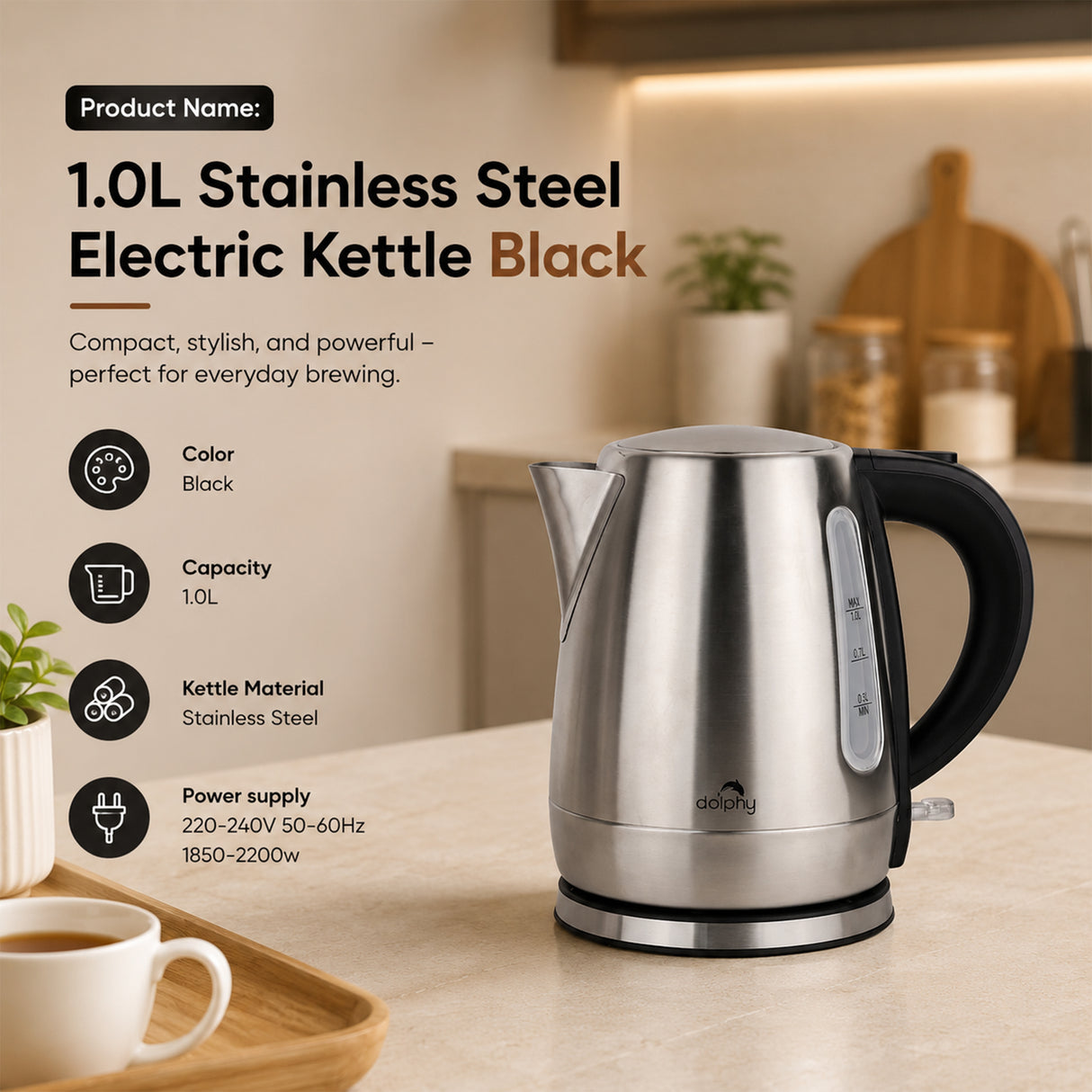 Dolphy 1.0L Electric Kettle – Stainless Steel, 1850 -2200W Fast Boil, Auto Shut-Off & Overheat Protection, Compact Hot Water Boiler for Tea & Coffee