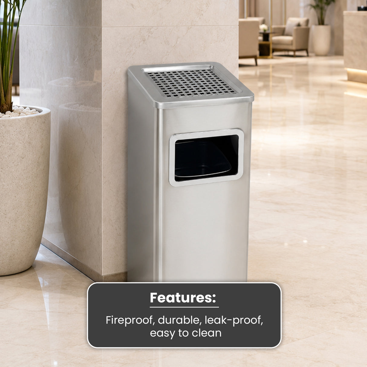 Dolphy Stainless Steel Ashtray Bin 24L – Smoke Extinguishing Trash Can with Removable Galvanized Inner Bucket, Anti-Fingerprint SUS201, Square Design, Silver (DWBN0106)