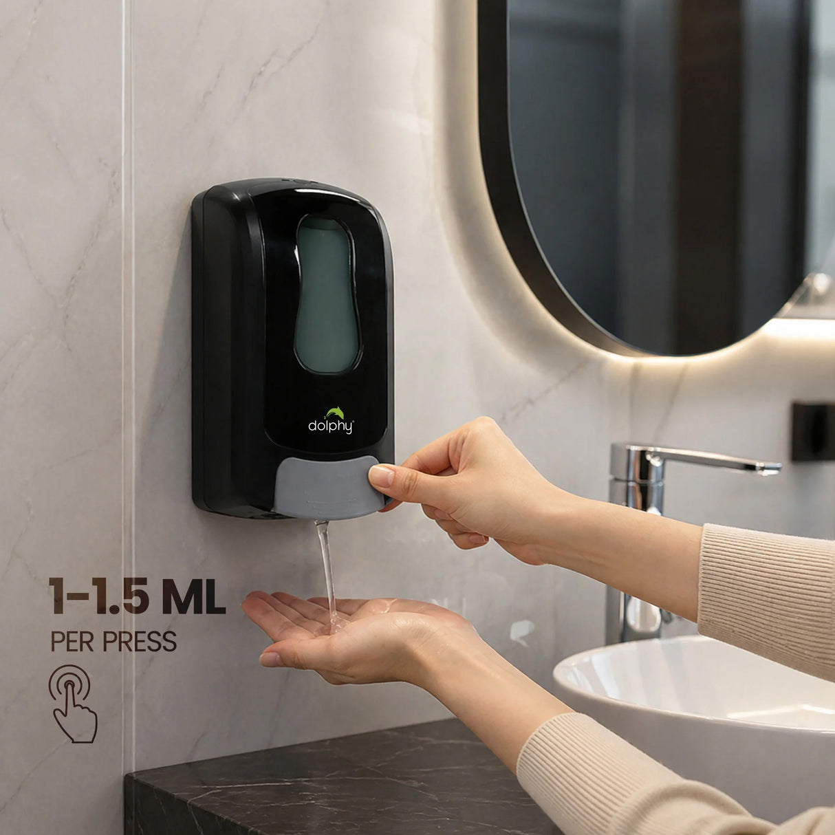 Dolphy Manual ABS Soap & Sanitiser Dispenser 1000ml – Wall Mounted Refillable Unit for Liquid Soap, Shampoo & Lotion – Black
