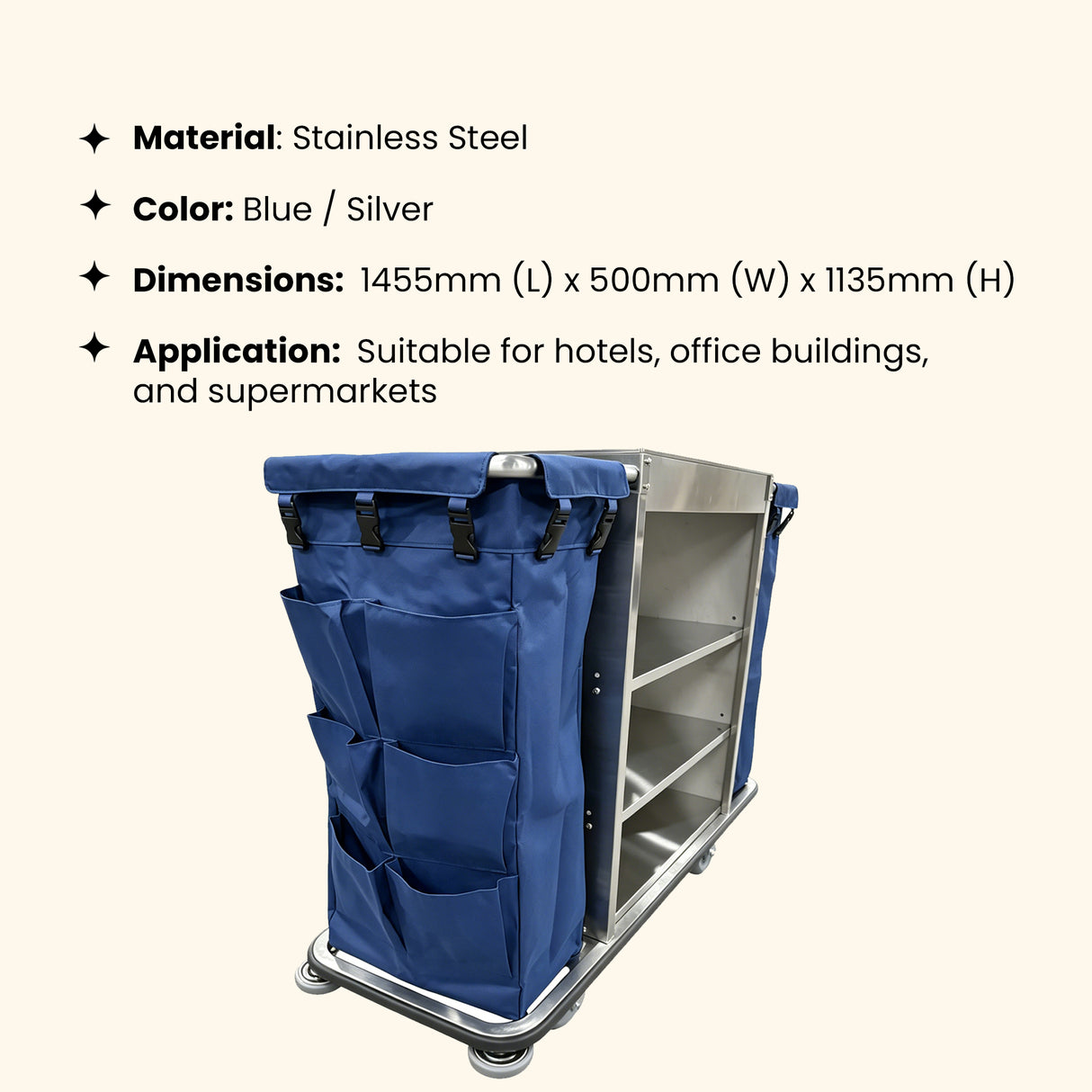 Dolphy Housekeeping Trolley Cart with Waste Bin – Commercial Cleaning Cart with Shelves, Smooth Wheels & Durable Steel Frame for Hotels & Offices