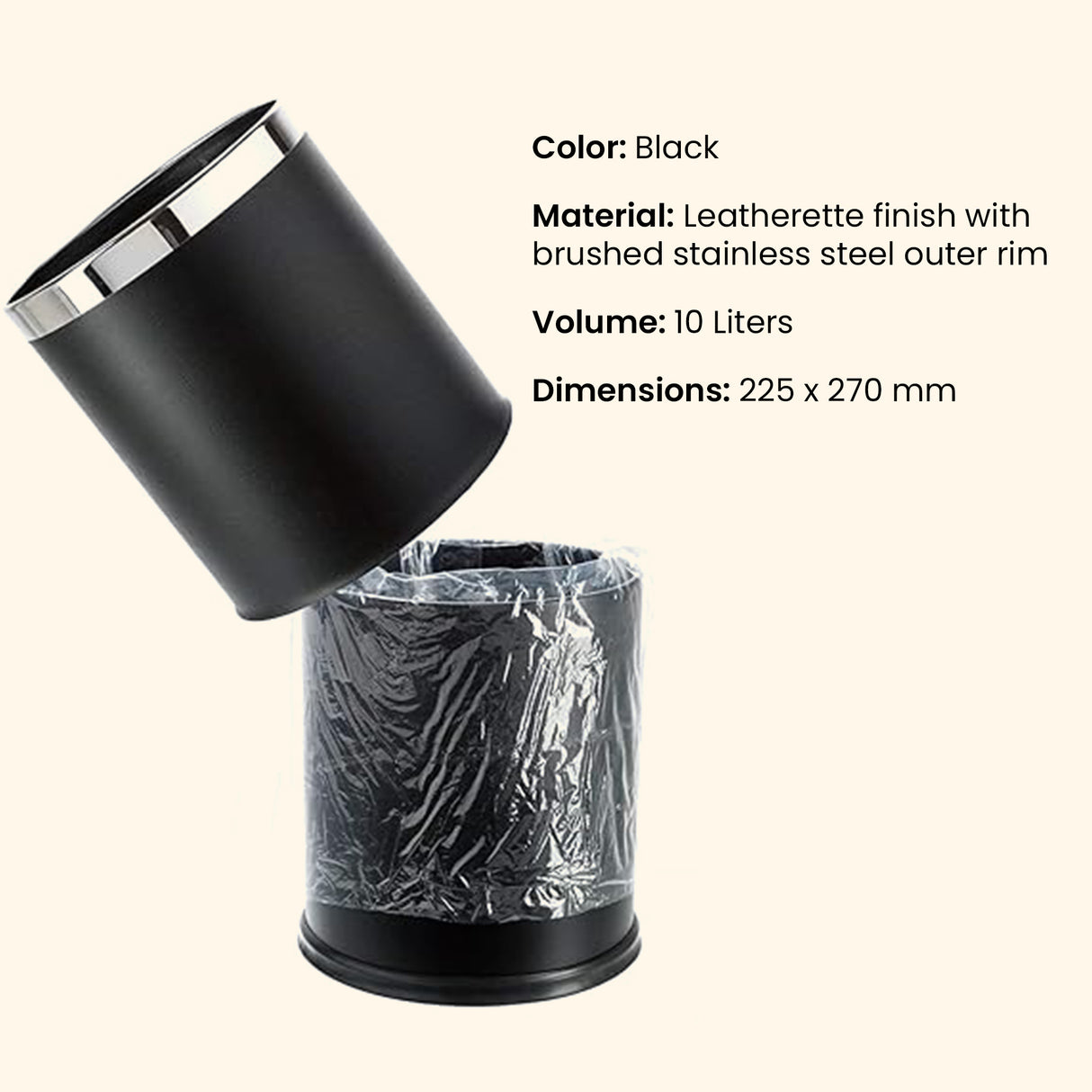 Dolphy Round Leatherette Room Bin 10L – Black Waste Bin with Stainless Steel Rim, Elegant Hotel Room Rubbish Bin, Durable & Stylish Design