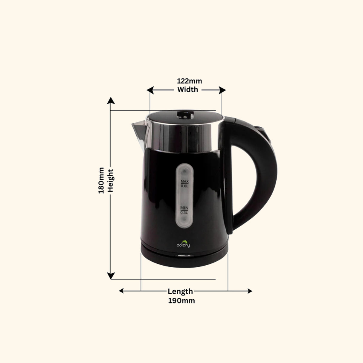 Dolphy 600ml Electric Kettle – Compact Black Stainless Steel, Fast Boil, Auto Shut-Off, 360 Swivel Base for Tea & Coffee