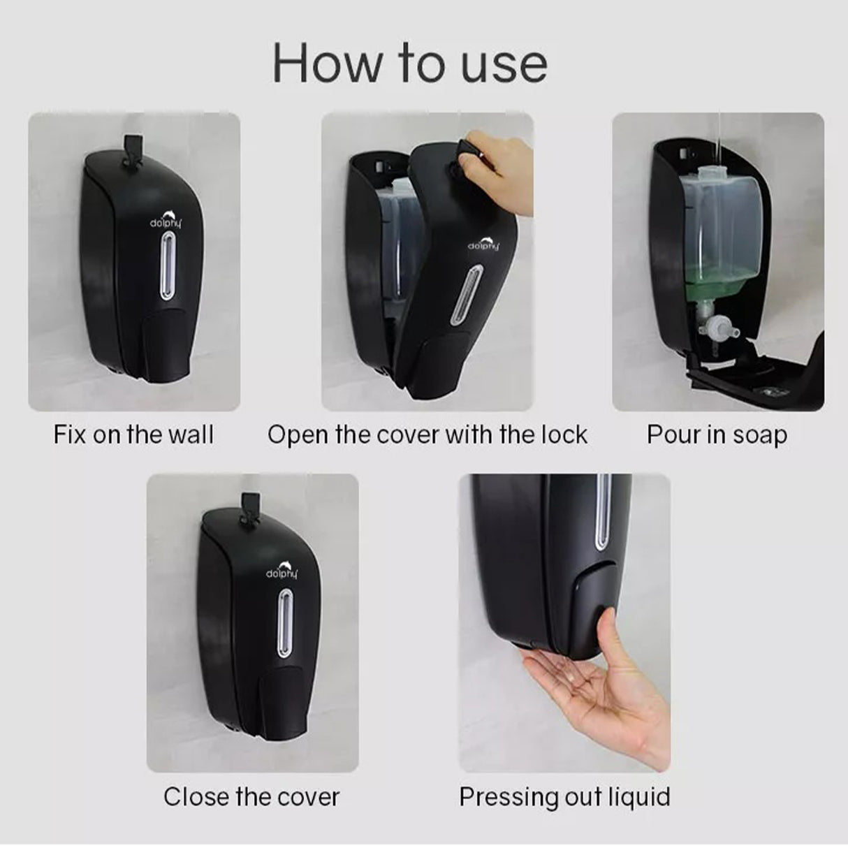 Dolphy Plaza Manual Soap-Sanitiser Dispenser 800ml – Wall Mounted Refillable ABS Unit in Black – For Liquid Soap, Sanitiser, Shampoo & Lotion