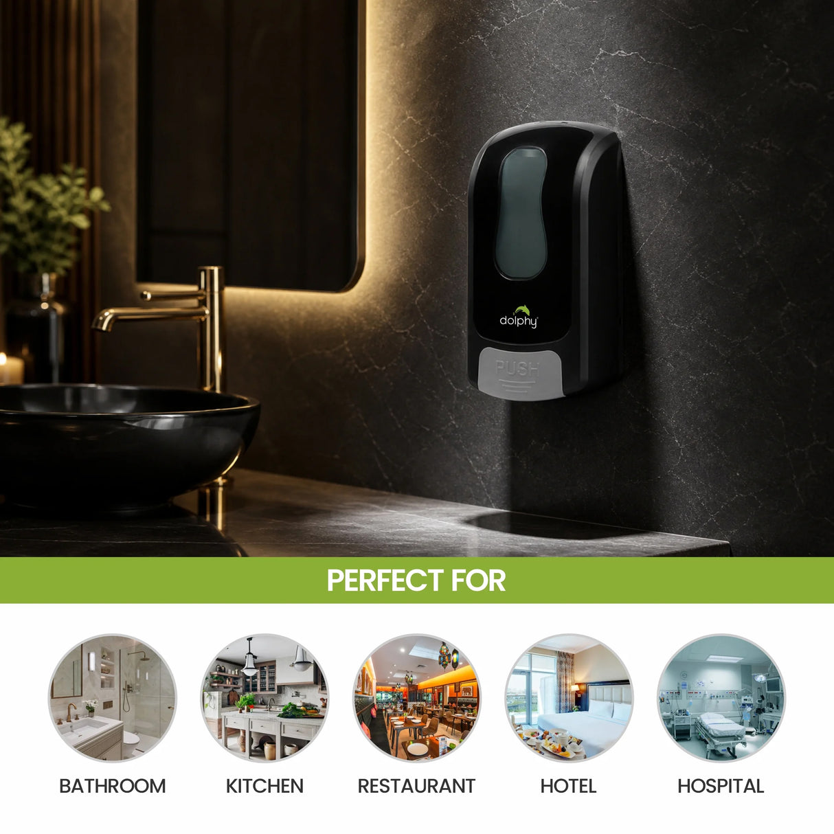 Dolphy Manual ABS Soap & Sanitiser Dispenser 1000ml – Wall Mounted Refillable Unit for Liquid Soap, Shampoo & Lotion – Black