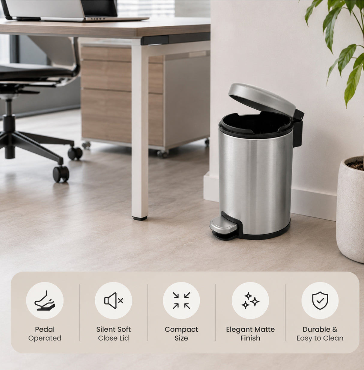 Dolphy 3L Round Stainless Steel Pedal Bin – Compact Foot Pedal Trash Can with Soft-Close Lid for Bathroom, Office & Bedroom – Matte Silver