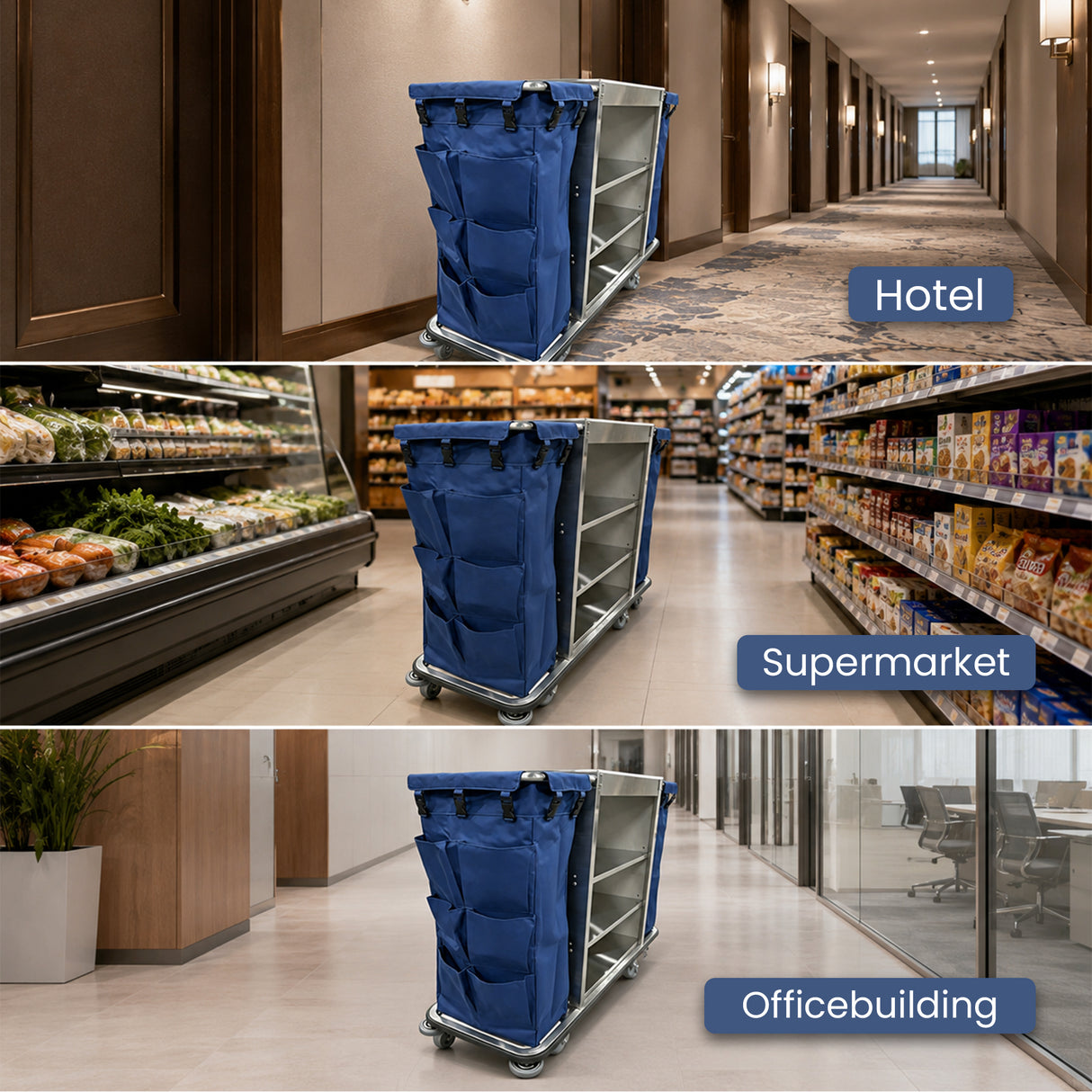 Dolphy Housekeeping Trolley Cart with Waste Bin – Commercial Cleaning Cart with Shelves, Smooth Wheels & Durable Steel Frame for Hotels & Offices