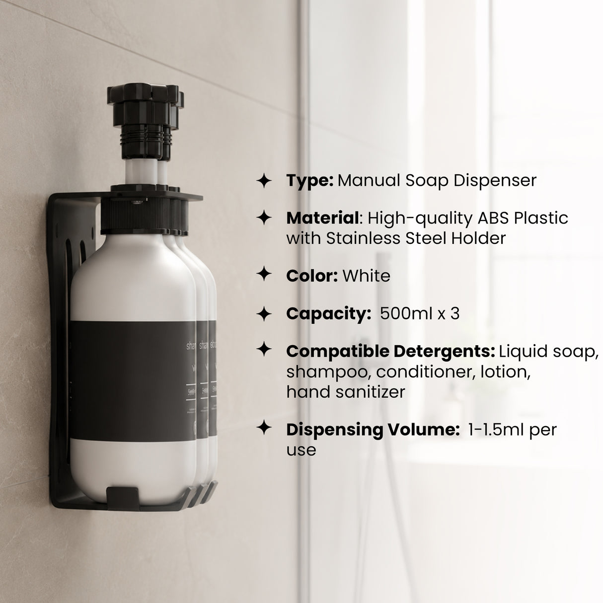 Dolphy 500ml Manual Soap Dispenser (Pack of 3) – White ABS & Steel Wall Mount, Refillable Liquid Dispensers for Bathroom, Kitchen & Commercial Use