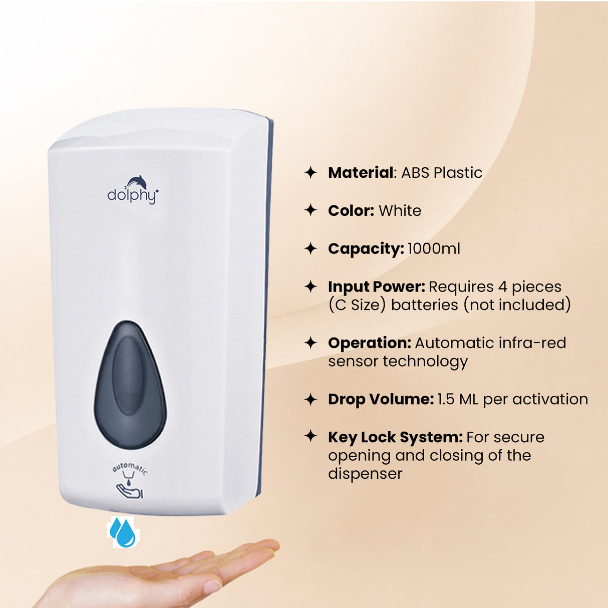 Dolphy Automatic Touch-Free Soap & Sanitiser Dispenser 1000ml – White ABS, Infrared Sensor, Refillable Design for Hygienic Liquid Dispensing in Commercial & Home Use