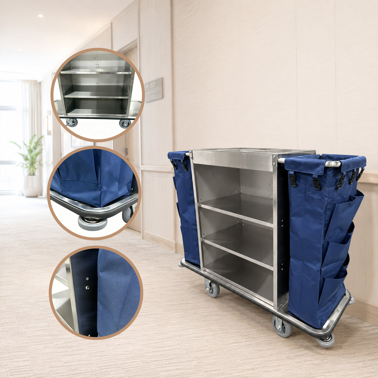 Dolphy Housekeeping Trolley Cart with Waste Bin – Commercial Cleaning Cart with Shelves, Smooth Wheels & Durable Steel Frame for Hotels & Offices