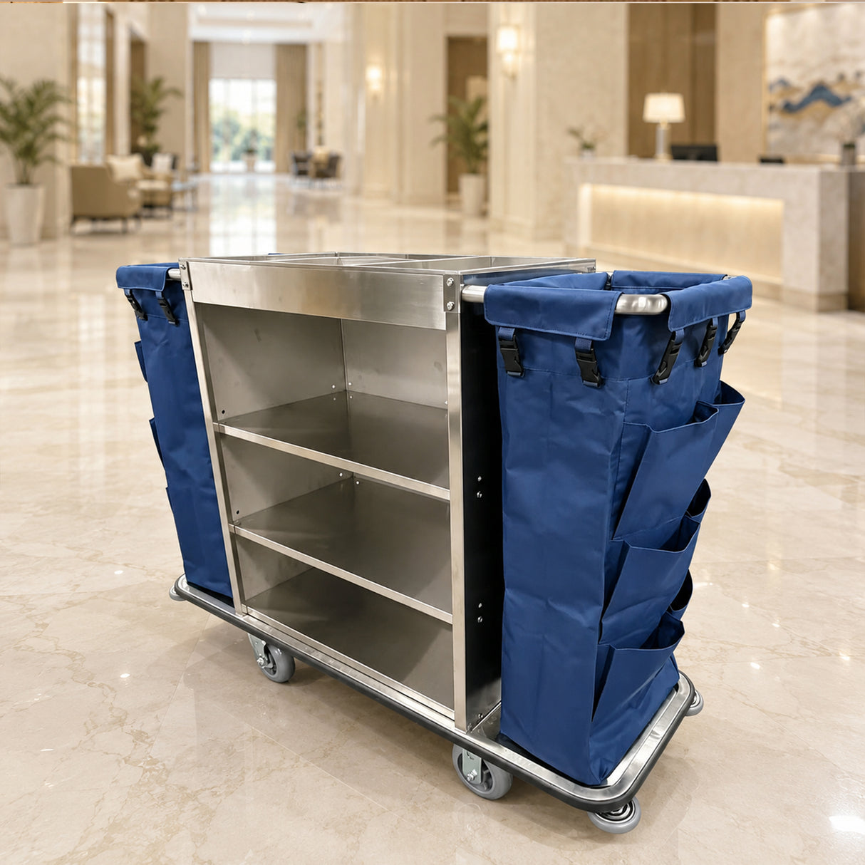 Dolphy Housekeeping Trolley Cart with Waste Bin – Commercial Cleaning Cart with Shelves, Smooth Wheels & Durable Steel Frame for Hotels & Offices
