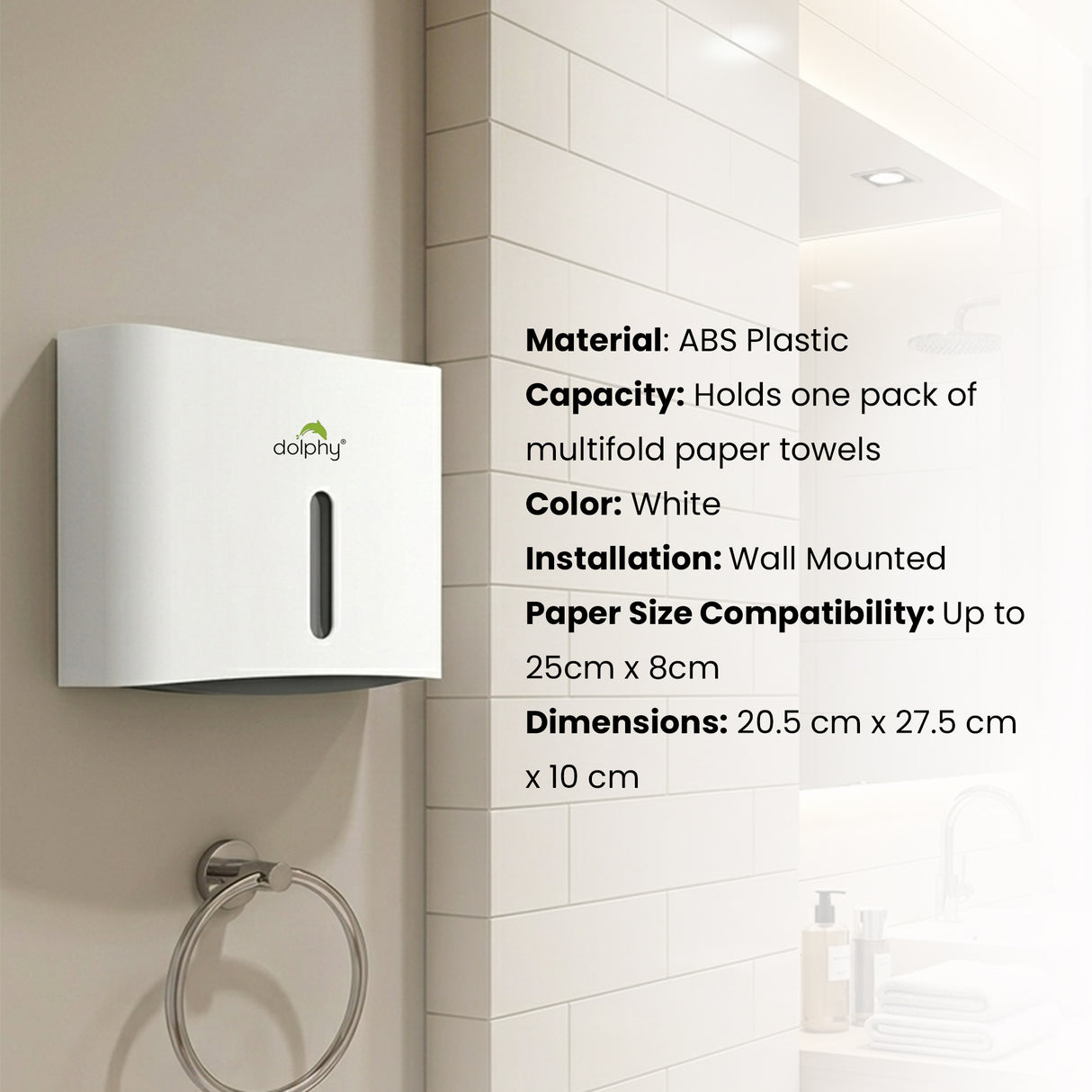 Dolphy Secure Lock ABS Hand Paper Towel Dispenser – White, Wall Mounted for M-Fold & Z-Fold Towels