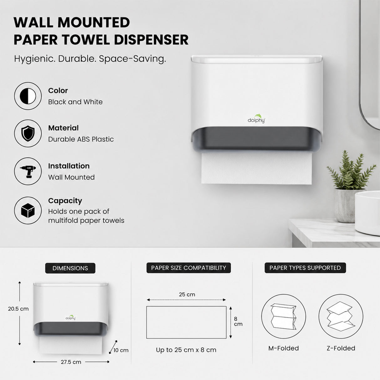 Dolphy Multifold ABS Paper Towel Dispenser – White, Lockable Wall Mount for M-Fold and Z-Fold Towels