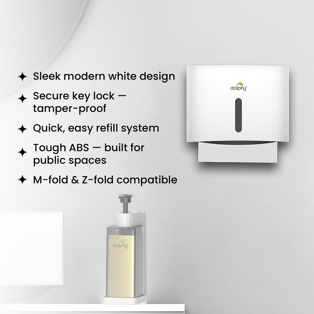 Dolphy Secure Lock ABS Hand Paper Towel Dispenser – White, Wall Mounted for M-Fold & Z-Fold Towels