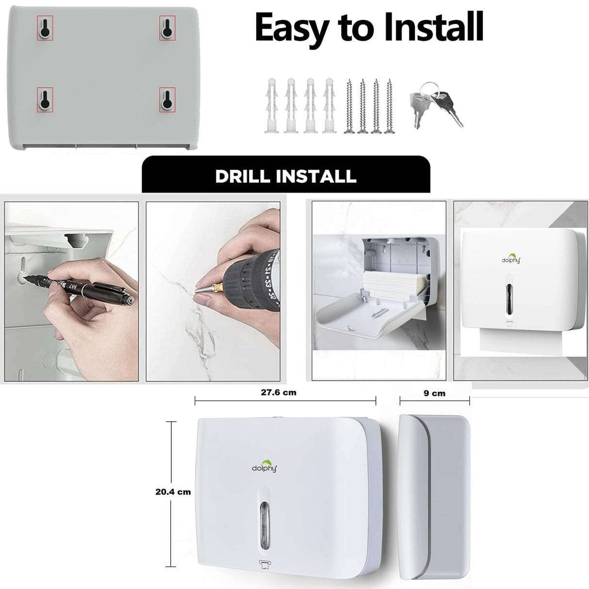 Dolphy Horizontal Slim ABS Paper Towel Dispenser – White, Lockable Wall Mount for Multi-Format Towels